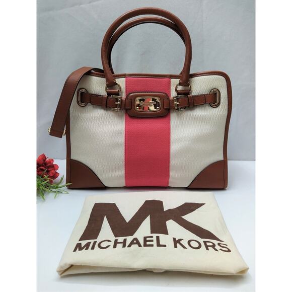 Michael Kors Hamilton Ivory Canvas Leather Trim Red Stripe Satchel Shoulder Bag - Picture 1 of 14